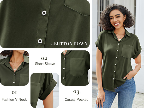 women collared button down shirts with V-neck, pockets and collared fashion design