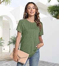 YSYOKOW Womens Summer Tops Casual Short Sleeve Shirts V Neck Blouses Fashion Pleated Tunic