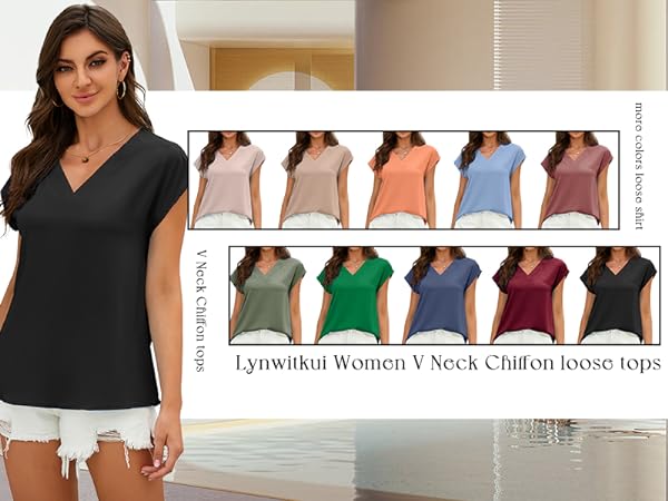 Womens V Neck Chiffon Loose Tops Colors