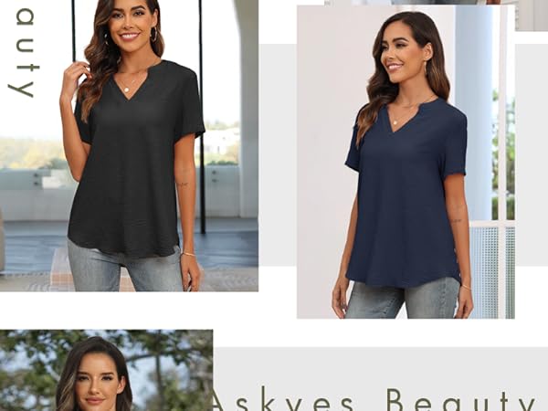 Askyes Women''s 2024 Summer Chiffon Blouses Short Sleeve TShirts Casual Dressy Tops For Leggings 