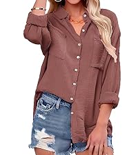 Paintcolors Women&amp;#39;s Button Up Shirts Cotton Long Sleeve Blouses V Neck Casual Tunics