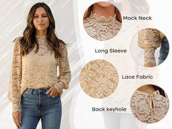 Womens Lace Tops Long Sleeve Mock Neck Casual Elegant Blouses Shirts