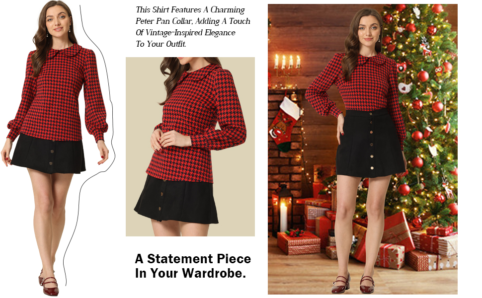 Christmas Long Sleeve Houndstooth Plaid Blouse