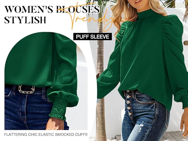 puff sleeve blouse womens long sleeve tops satin tops for women casual shirts for women