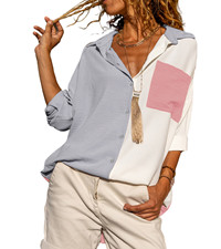 Astylish Women Casual V Neck Button Down Silk Shirt Long Sleeve Color Block Blouse Tunic Top