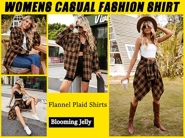 Blooming Jelly Womens Button Down Flannel Shirts Plaid Shacket