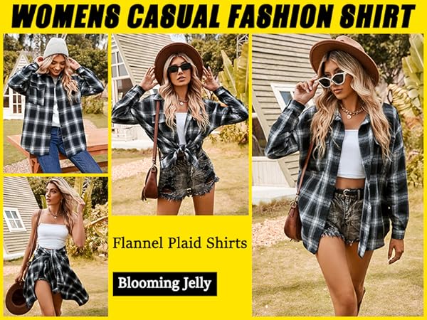 Blooming Jelly Womens Button Down Flannel Shirts Plaid Shacket