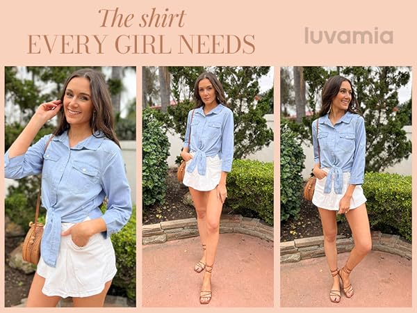 luvamia Tie Front Tops for Women Denim Shirts