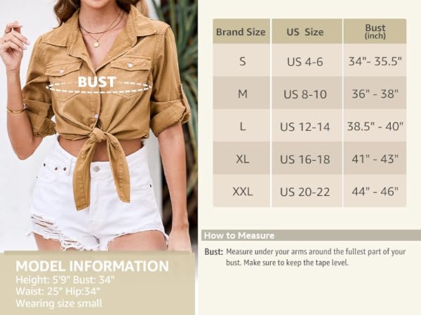 luvamia Cropped Collared Shirts for Women Size Chart