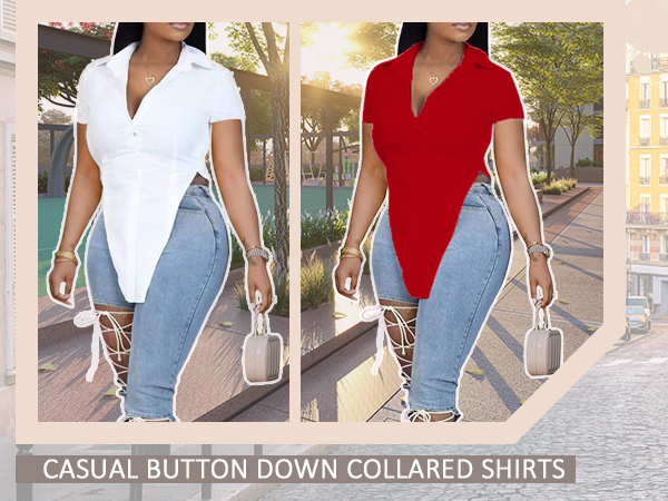 Button Up Shirt Women Shirts Summer Short Sleeve High Low Slit Hem Solid Color Tunics Top