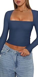 Women''s Sexy Square Neck Long Sleeve Y2K Going Out T Shirt Crop Top