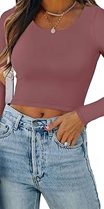 Women''s Casual Long Sleeve Crew Neck Double Lined Tight T Shirts Crop Tops Basic Tee Tops