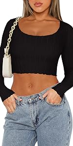 Sexy Square Neck Long Sleeve Stretchy Mesh Basic Tee Tops Knit Slim Fitted Y2k Going Out Crop Top