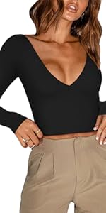 REORIA Women''s Sexy Plunge Deep V Neck Long Sleeve V Backless T Shirts Going Out Crop Tops Tees