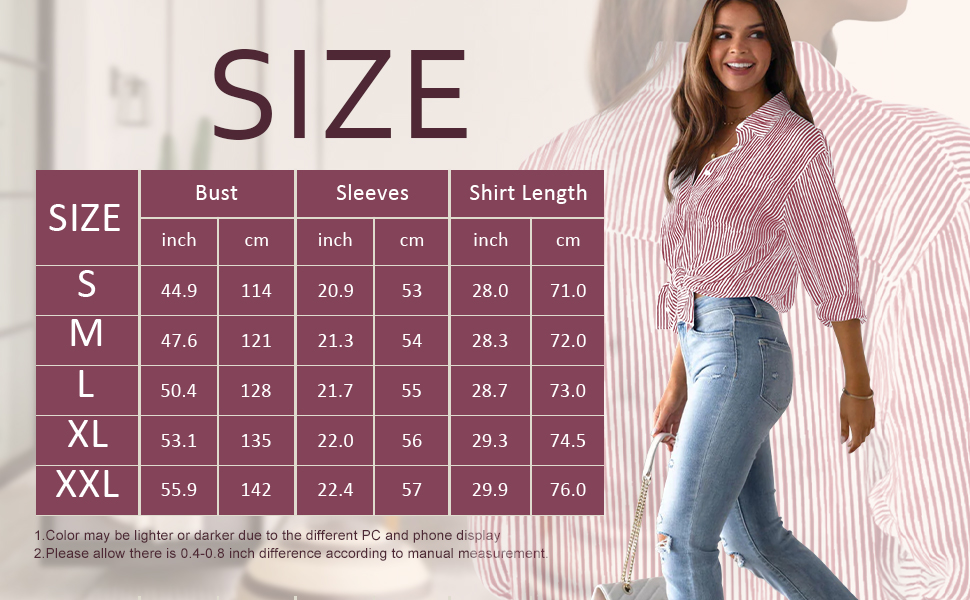 womens long sleeve button shirts size chart